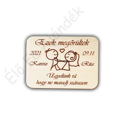 Esküvői fa hűtőmágnes gravírozott fa ajándék